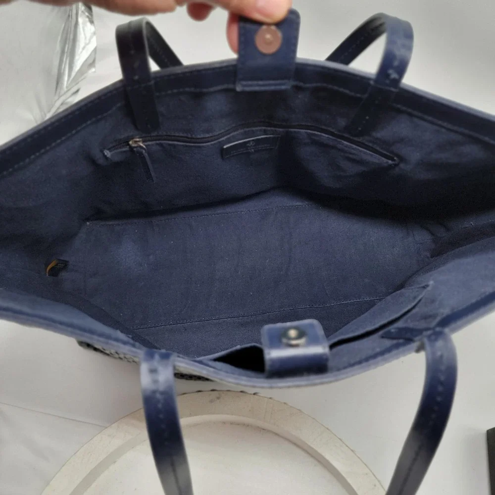Brooks Brothers Navy Perforated Laser Cut Leather Tote Shoulder Purse Bag